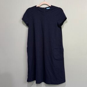 J. McLaughlin Navy Blue‎ Textured Wave Shift Dress Short Sleeve Pockets Small